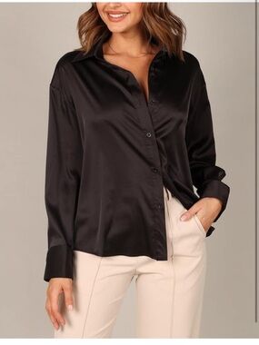 Satin Button-Front Shirt Blouse - Black